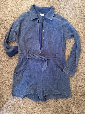 Pink Lily Blue Crinkle Gauze Romper with Tie - XL